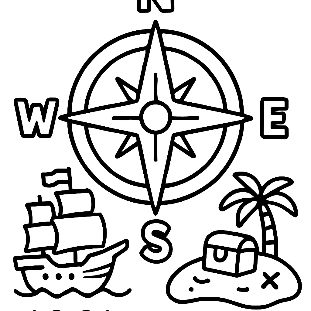 A Compass Rose Showing North, South, East, And West With A Pirate Ship And Treasure Island
