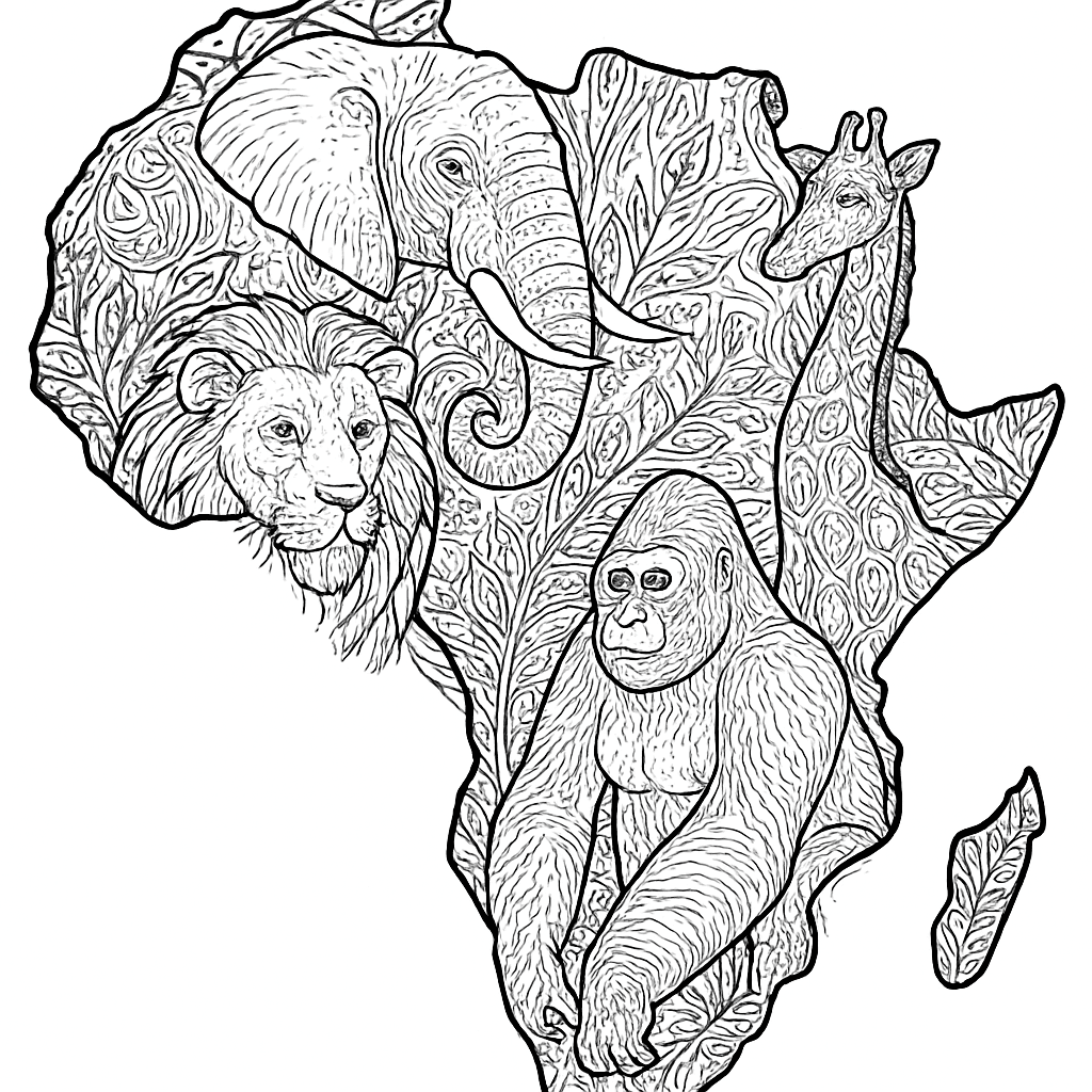 A Map Of Africa With Animals Placed In Their Native Regions: Elephants, Lions, Giraffes, Gorillas