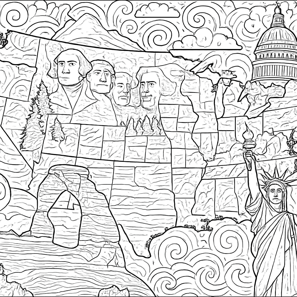 A Map Of The United States Divided Into Regions With One Landmark Drawn In Each