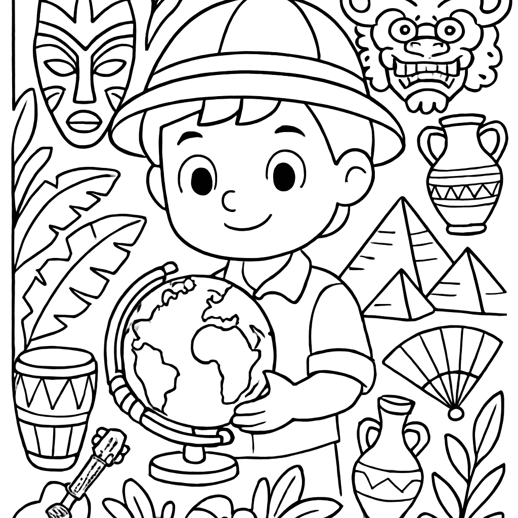 An Explorer Scene With A Child Holding A Globe Surrounded By Items From Different Cultures