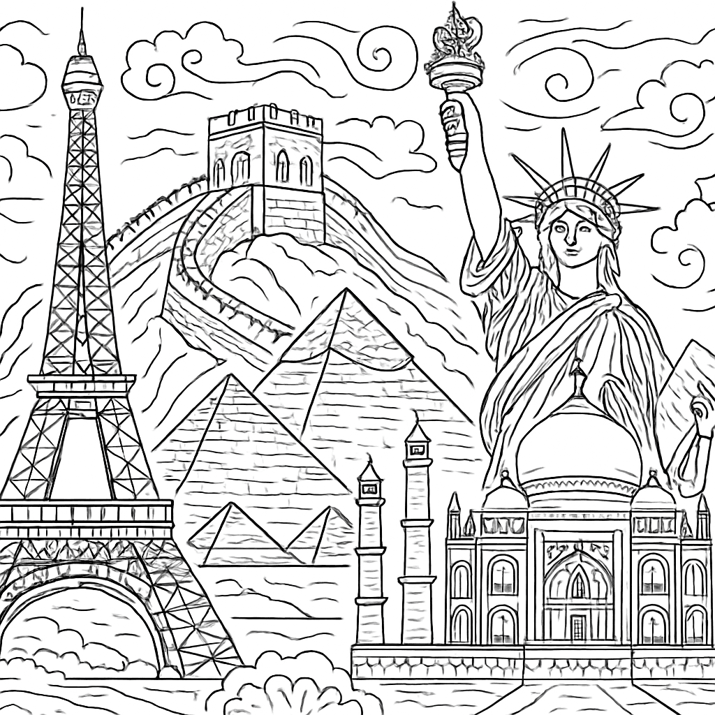 Famous World Landmarks Side By Side: Eiffel Tower, Great Wall, Pyramids, Statue Of Liberty, Taj Mahal