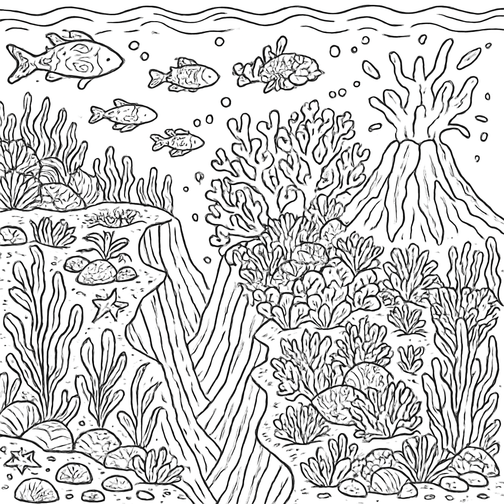 The Ocean Floor Showing Continental Shelf, Deep Sea Trench, Coral Reef, And Underwater Volcano Labeled