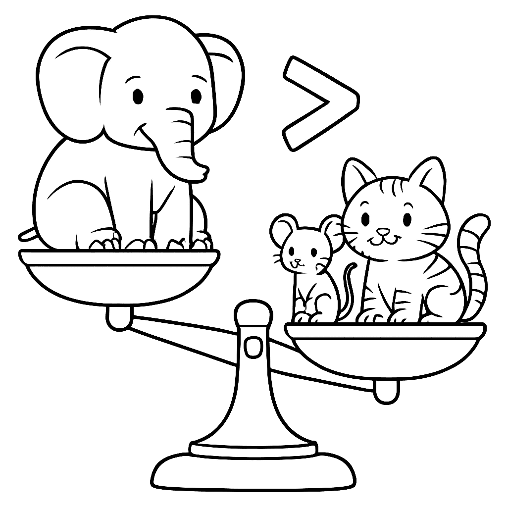 A Balance Scale Comparing Greater Than And Less Than With Animals On Each Side