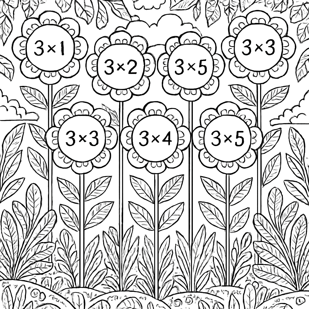 A Multiplication Garden With Rows Of 3 Flowers Showing 3x1 Through 3x5