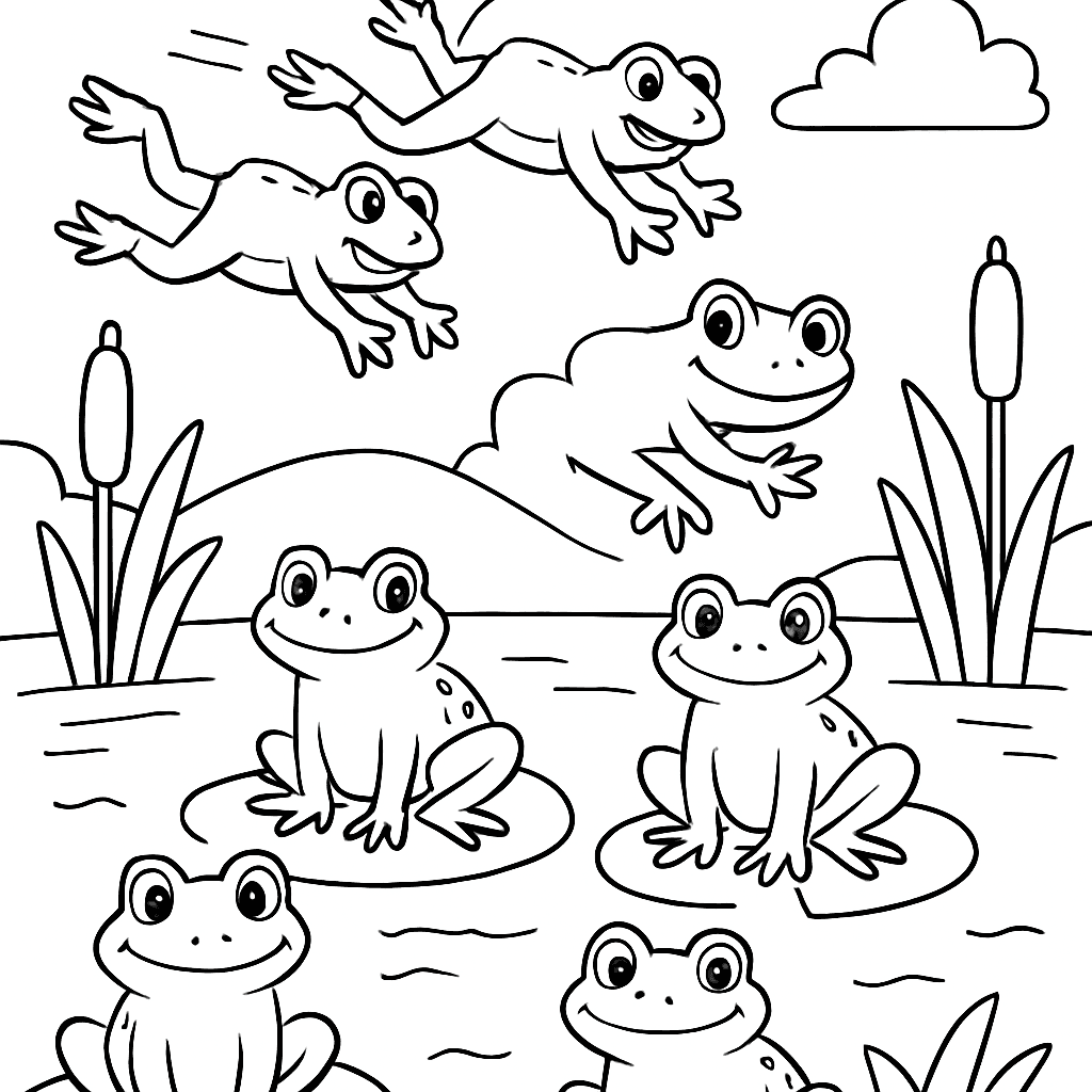A Pond Scene Showing 7 Frogs Minus 3 Frogs Hopping Away Leaving 4 Frogs