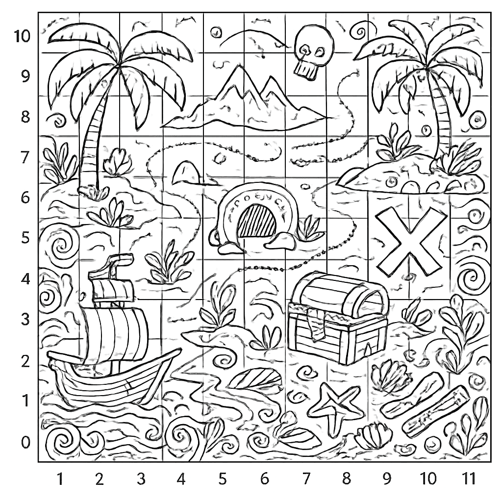 A Treasure Map Grid With Coordinates Showing X And Y Axis For Plotting Points