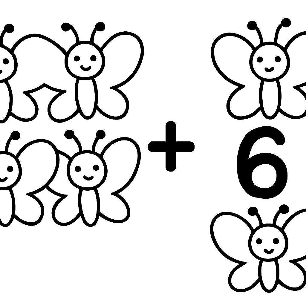 Two Groups Of Butterflies Showing 4 Plus 2 Equals 6