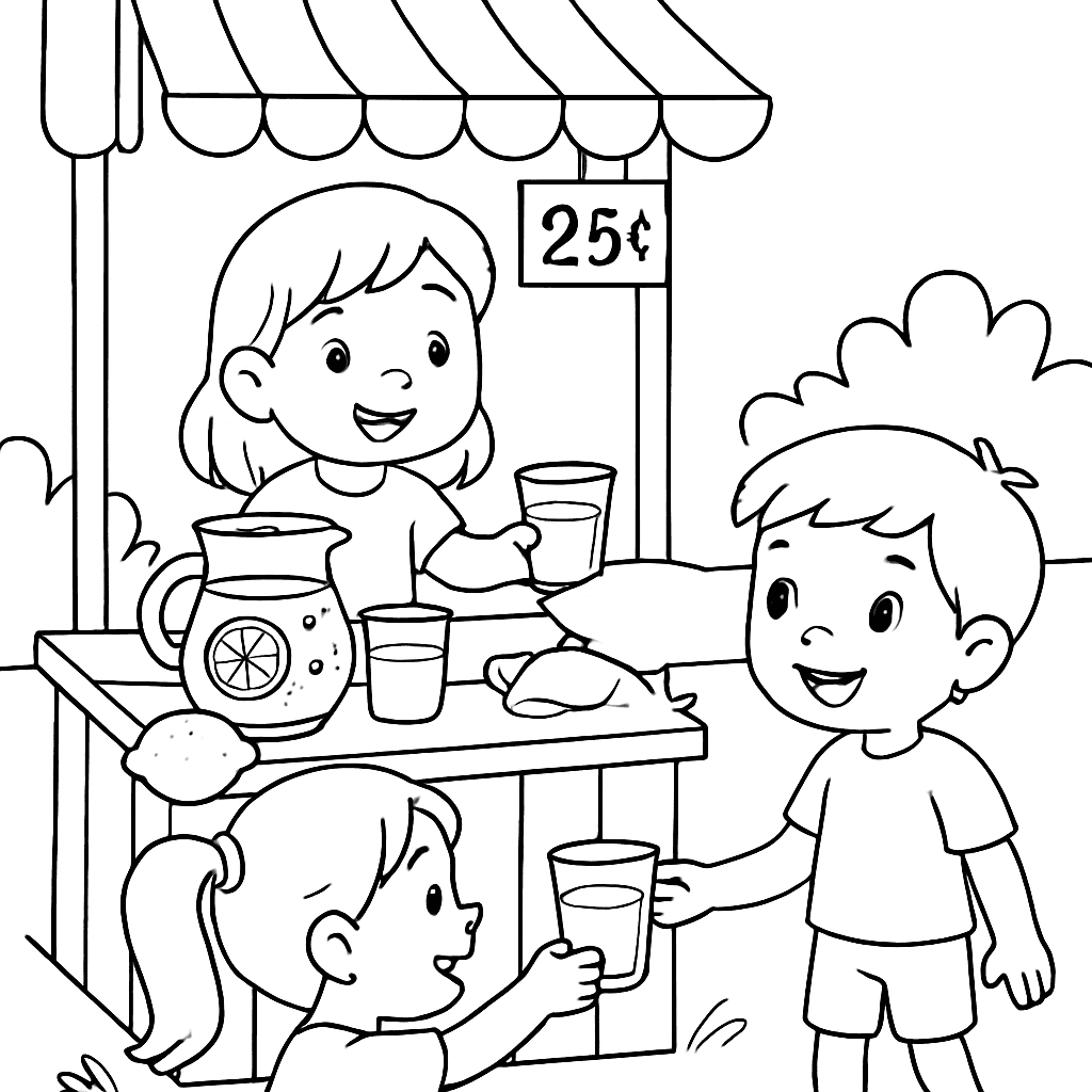 A Child's Lemonade Stand With A Price Sign Showing 25 Cents And Children Buying Lemonade