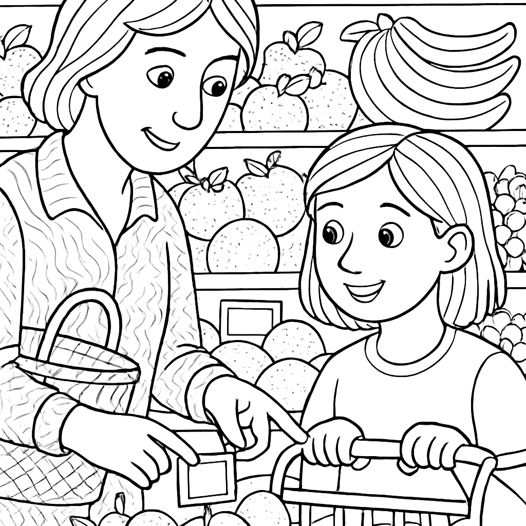 A Grocery Shopping Scene With A Parent And Child Reading Price Labels On Fruits