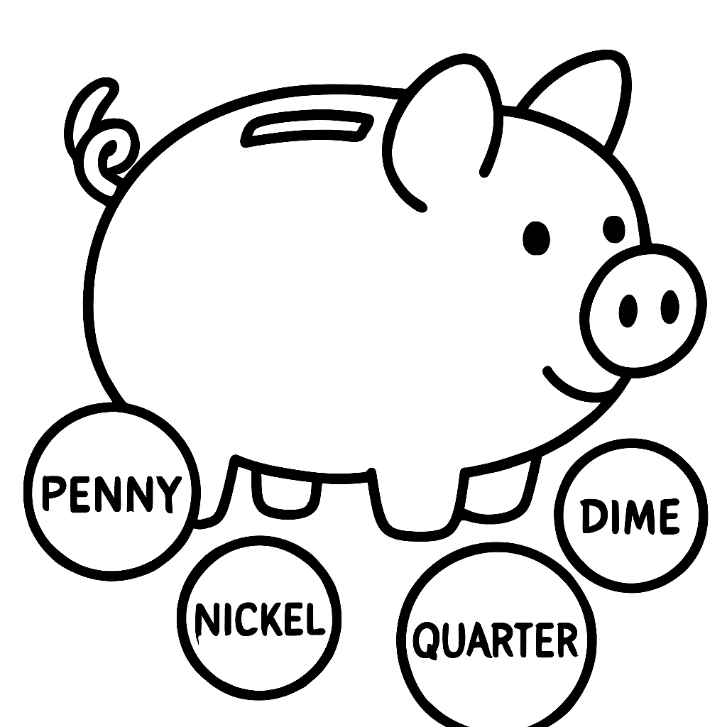 A Large Piggy Bank Surrounded By Coins Labeled Penny, Nickel, Dime, And Quarter