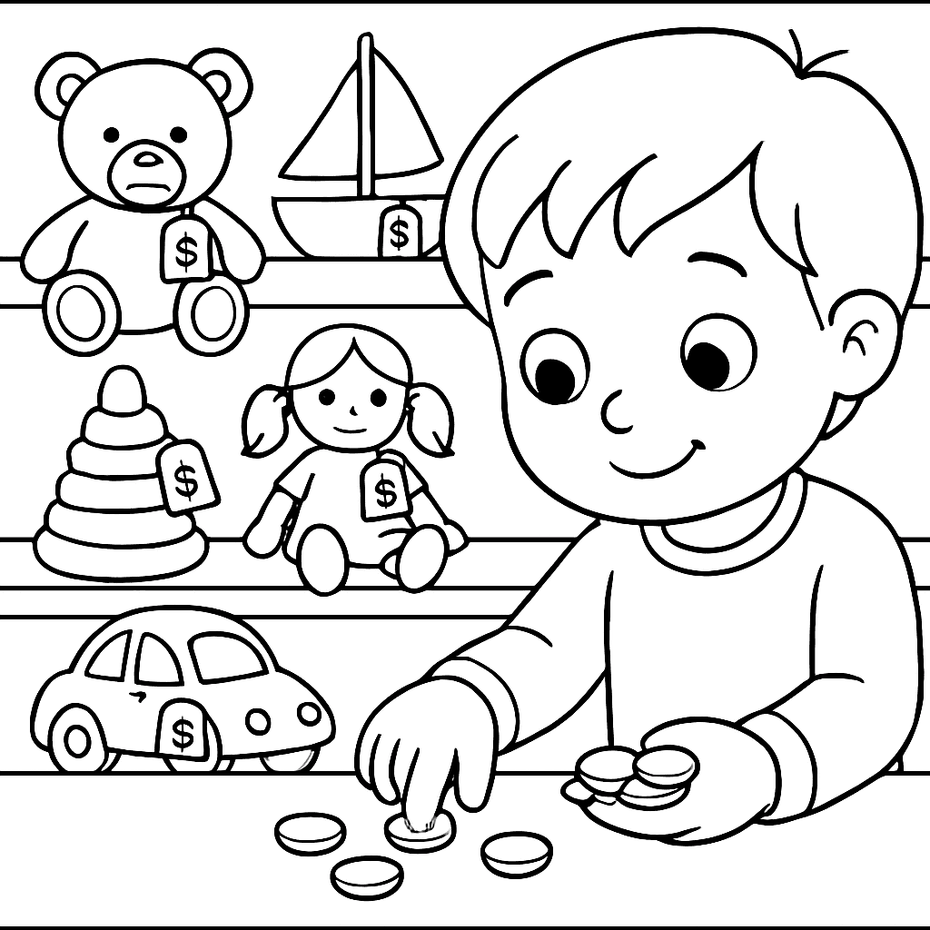 A Toy Store Scene With Price Tags On Toys And A Child Counting Coins To Buy One