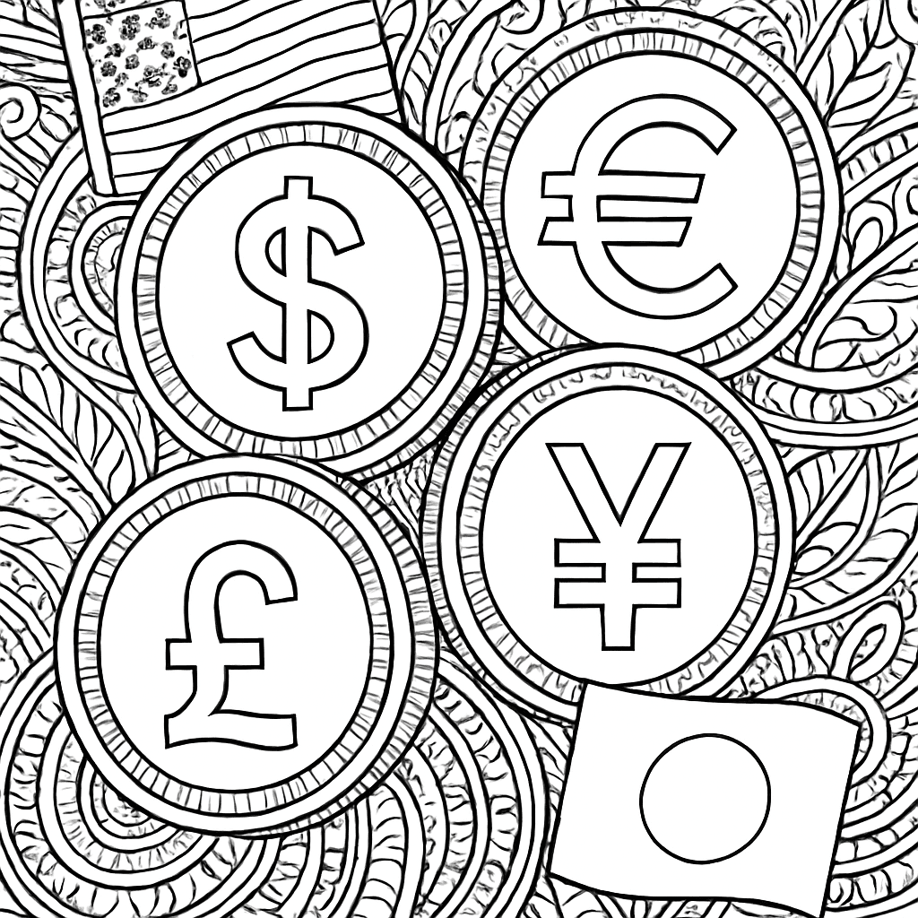 Coins From Around The World With Their Country Flags: US Dollar, Euro, British Pound, Japanese Yen