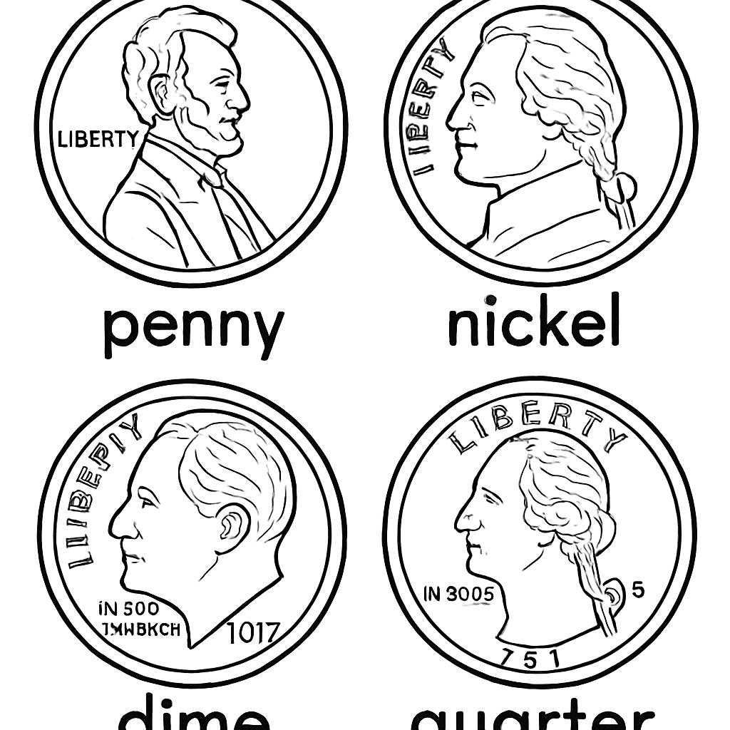 Each US Coin Shown Large With Its Name And Value: Penny 1 Cent, Nickel 5 Cents, Dime 10 Cents, Quarter 25 Cents