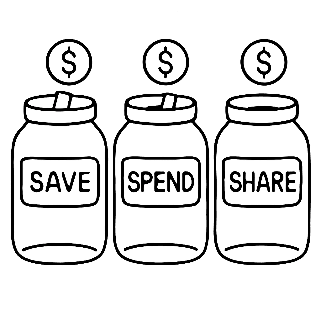 Three Jars Labeled SAVE, SPEND, And SHARE With Coins Going Into Each One