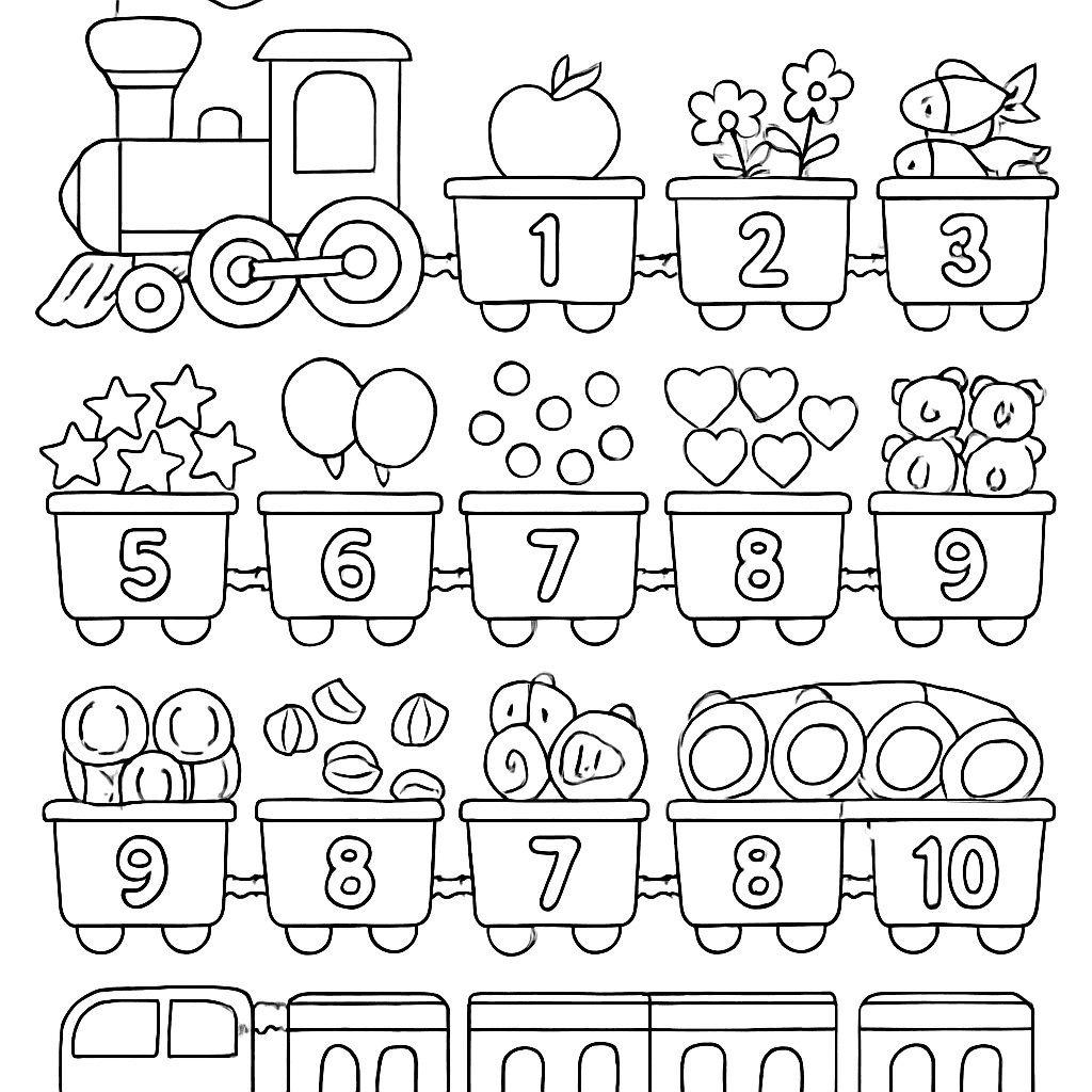 A Number Train With Cars Labeled 1 Through 10 Carrying Matching Objects