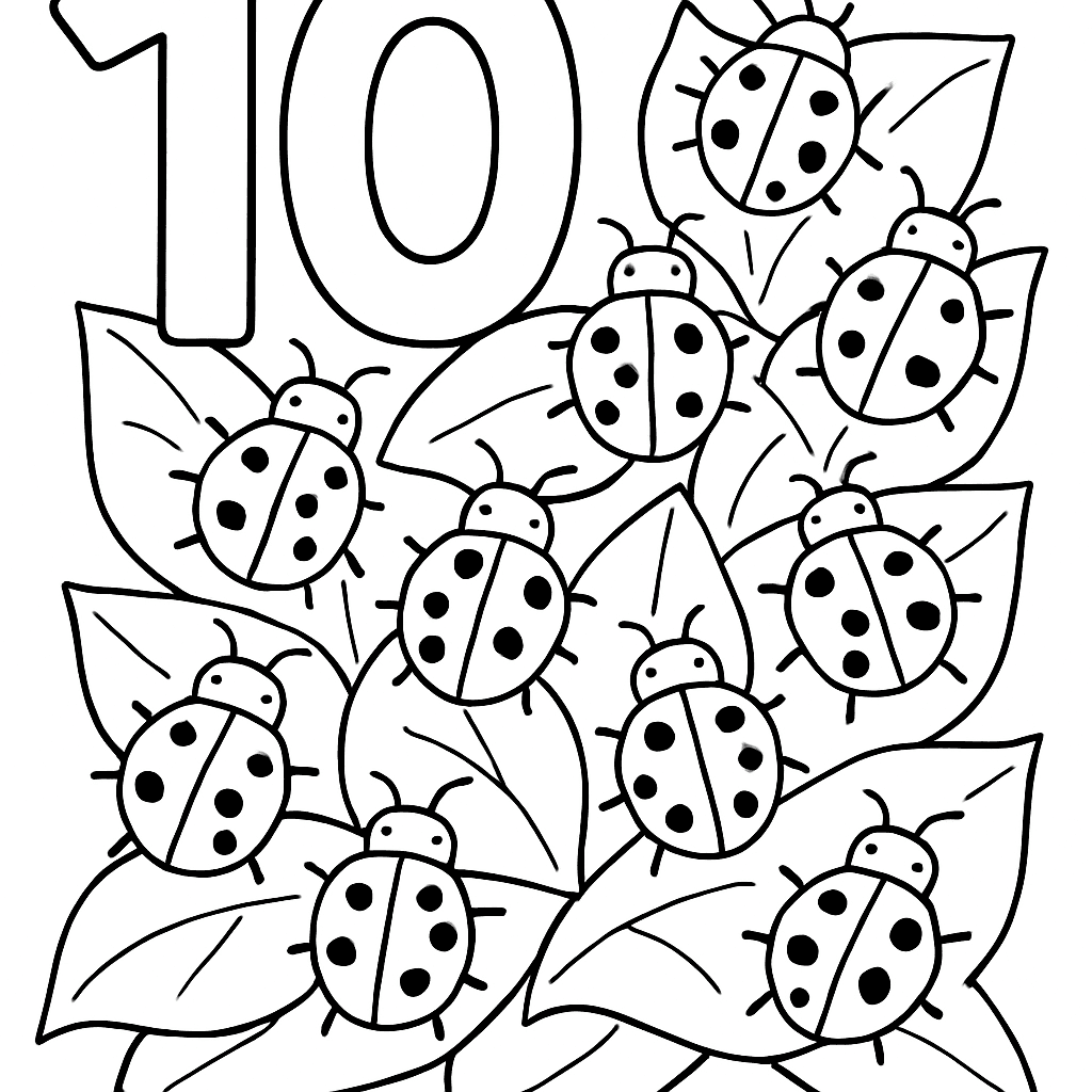 The Number 10 With Ten Ladybugs On Leaves