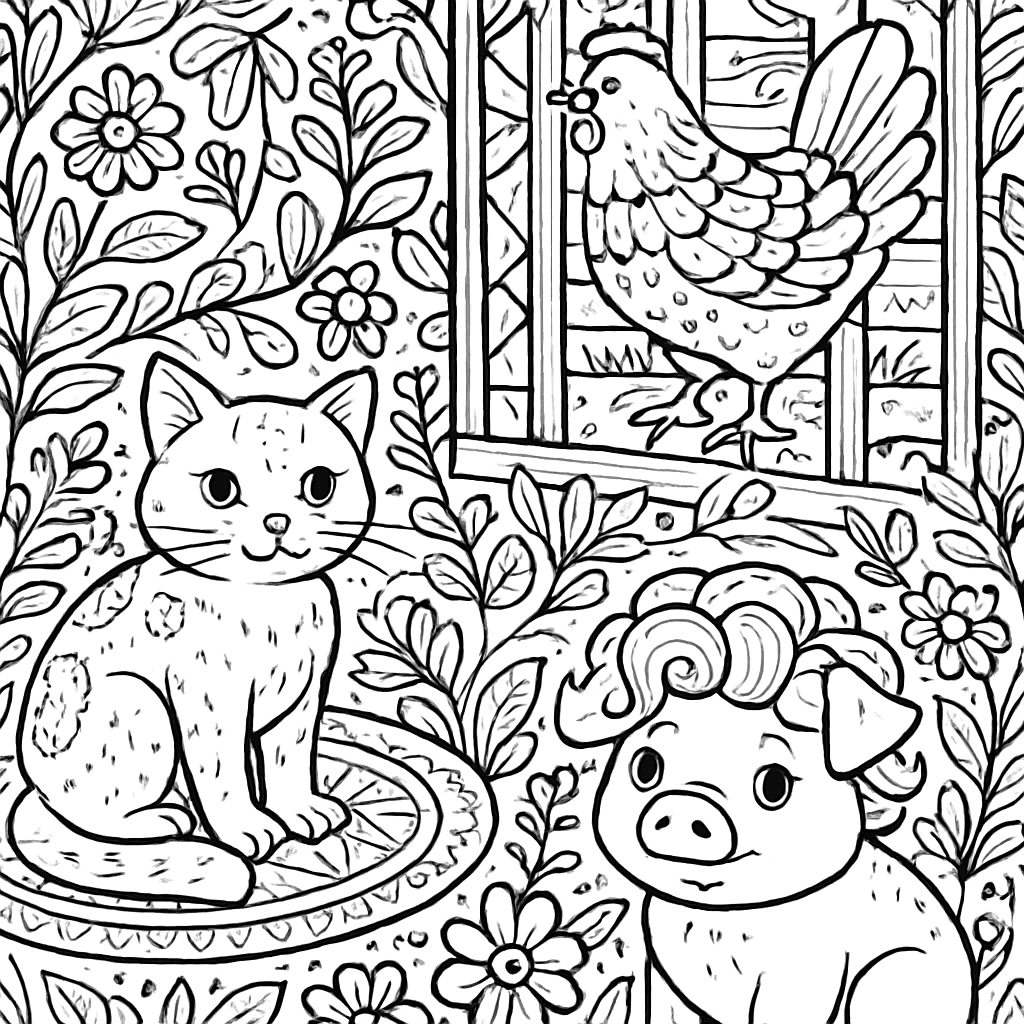 Short Vowel Sounds Scene With A Cat On A Mat, A Hen In A Pen, A Pig In A Wig