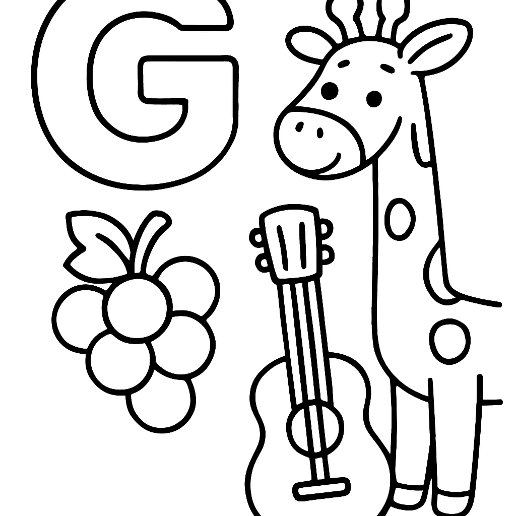 The Letter G With A Giraffe, Grapes, And A Guitar