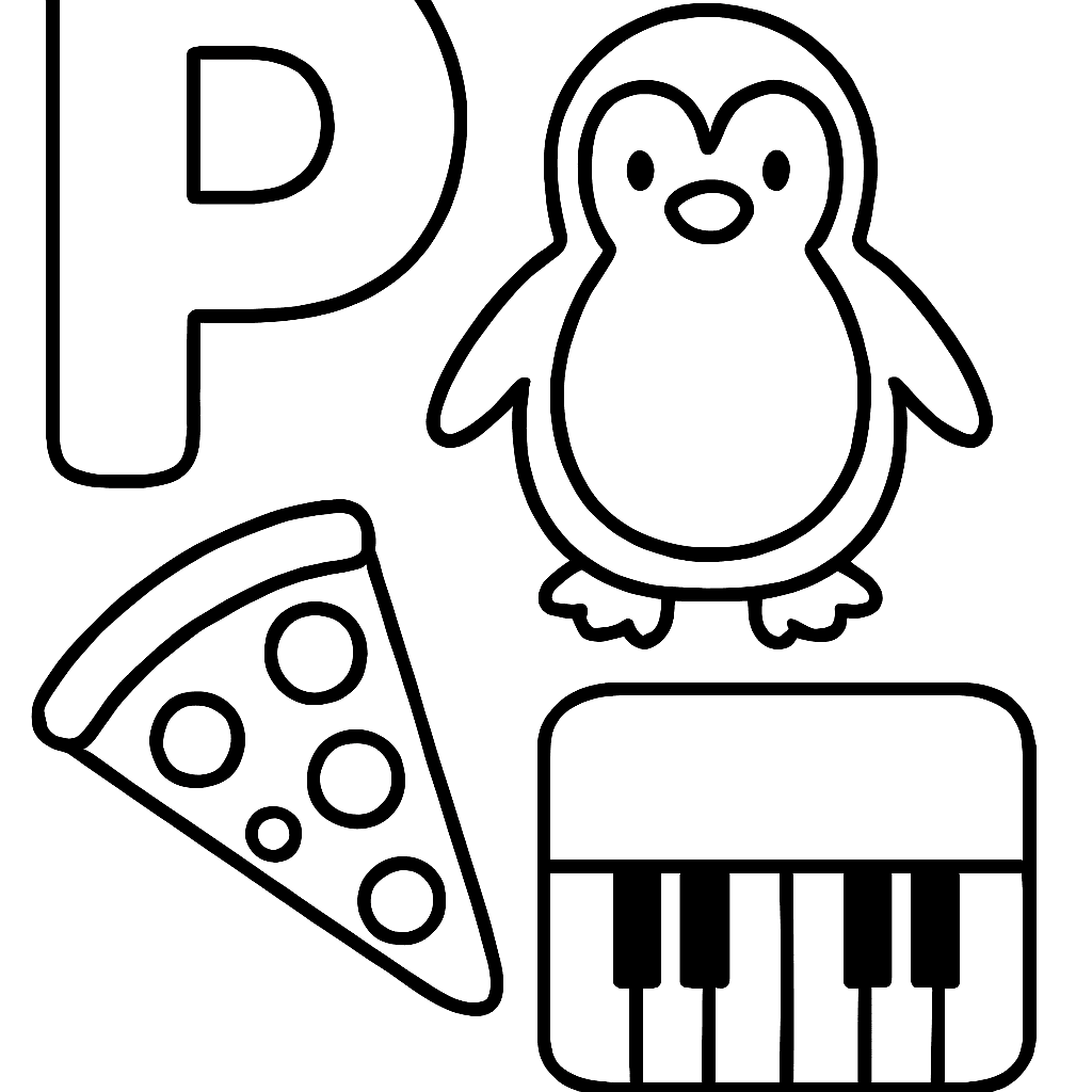 The Letter P With A Penguin, Pizza, And A Piano