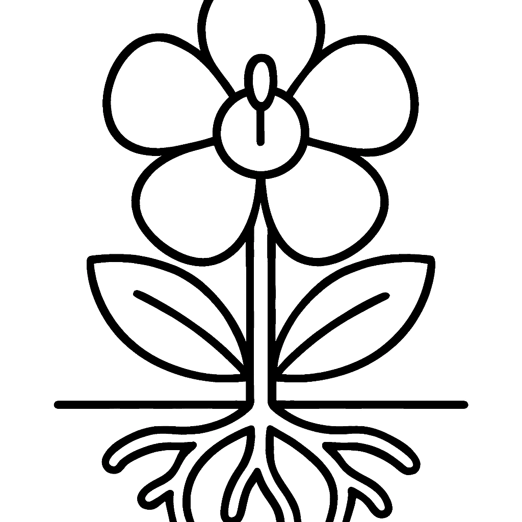 A Large Flower With Labeled Parts: Roots, Stem, Leaves, Petals, And Pistil