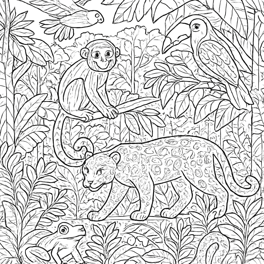 A Rainforest Scene Showing Layers: Forest Floor, Understory, Canopy, And Emergent Layer With Animals In Each