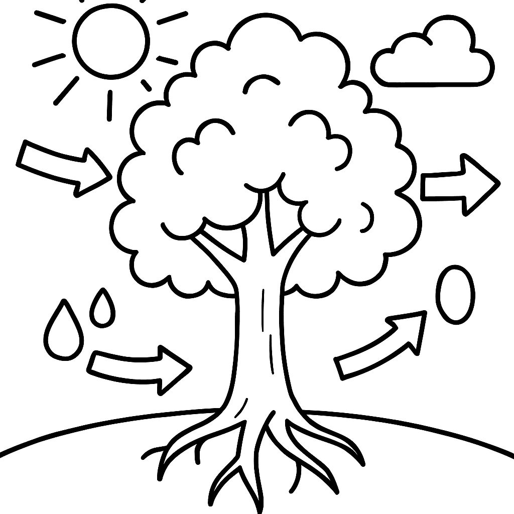 A Tree Showing Photosynthesis With Arrows For Sunlight, Water, And Carbon Dioxide Turning Into Oxygen
