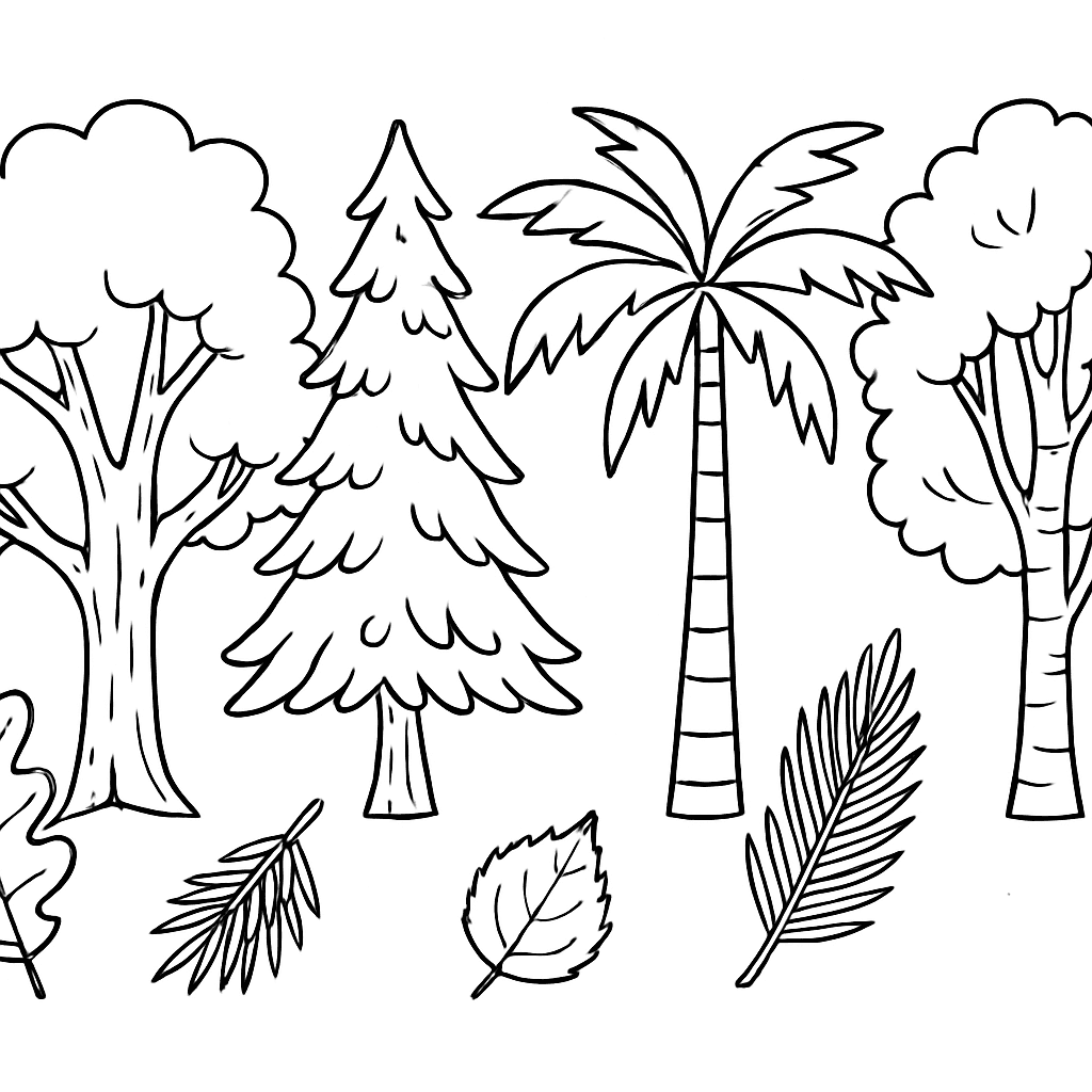 Different Types Of Trees Side By Side: Oak, Pine, Palm, Birch, With Their Leaves Shown