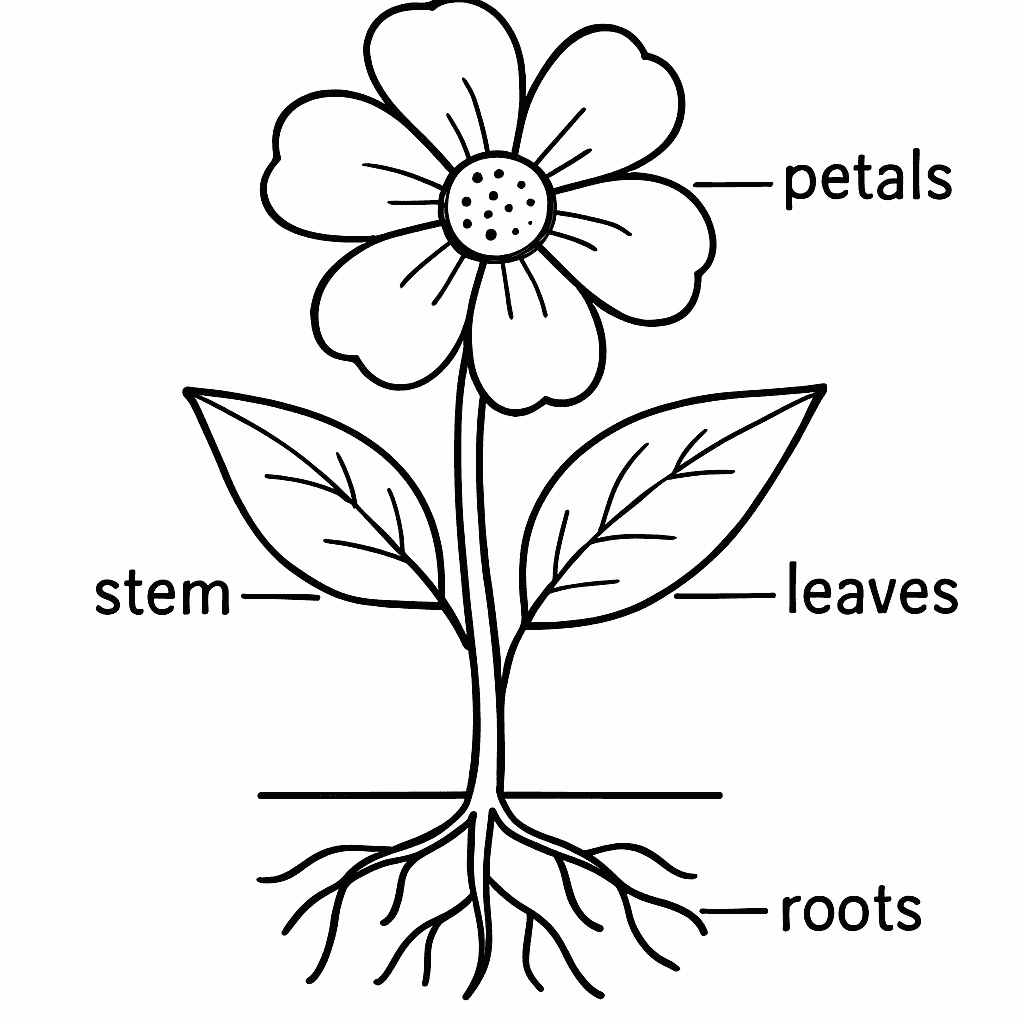 A Labeled Diagram Of A Flower Showing Roots, Stem, Petals, And Leaves