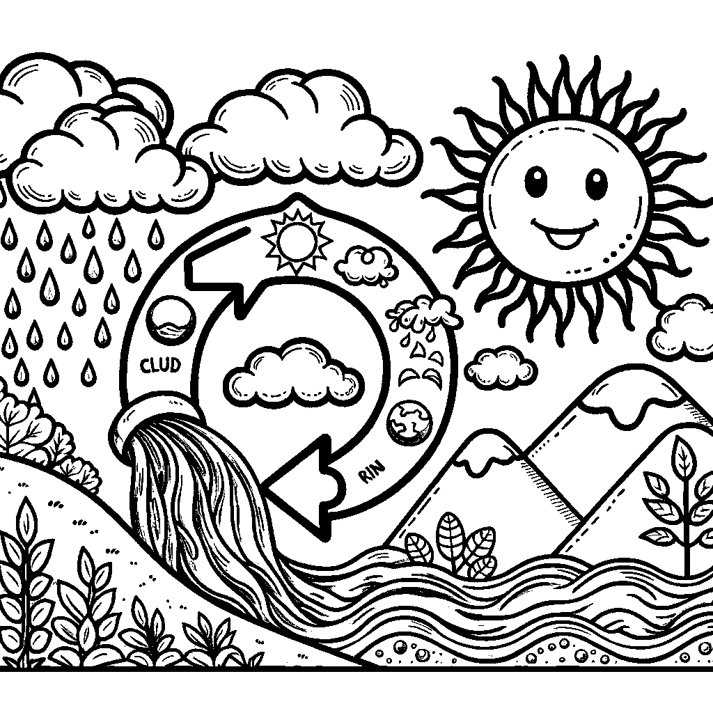 The Water Cycle With Clouds, Rain, River, And Sun With Labels
