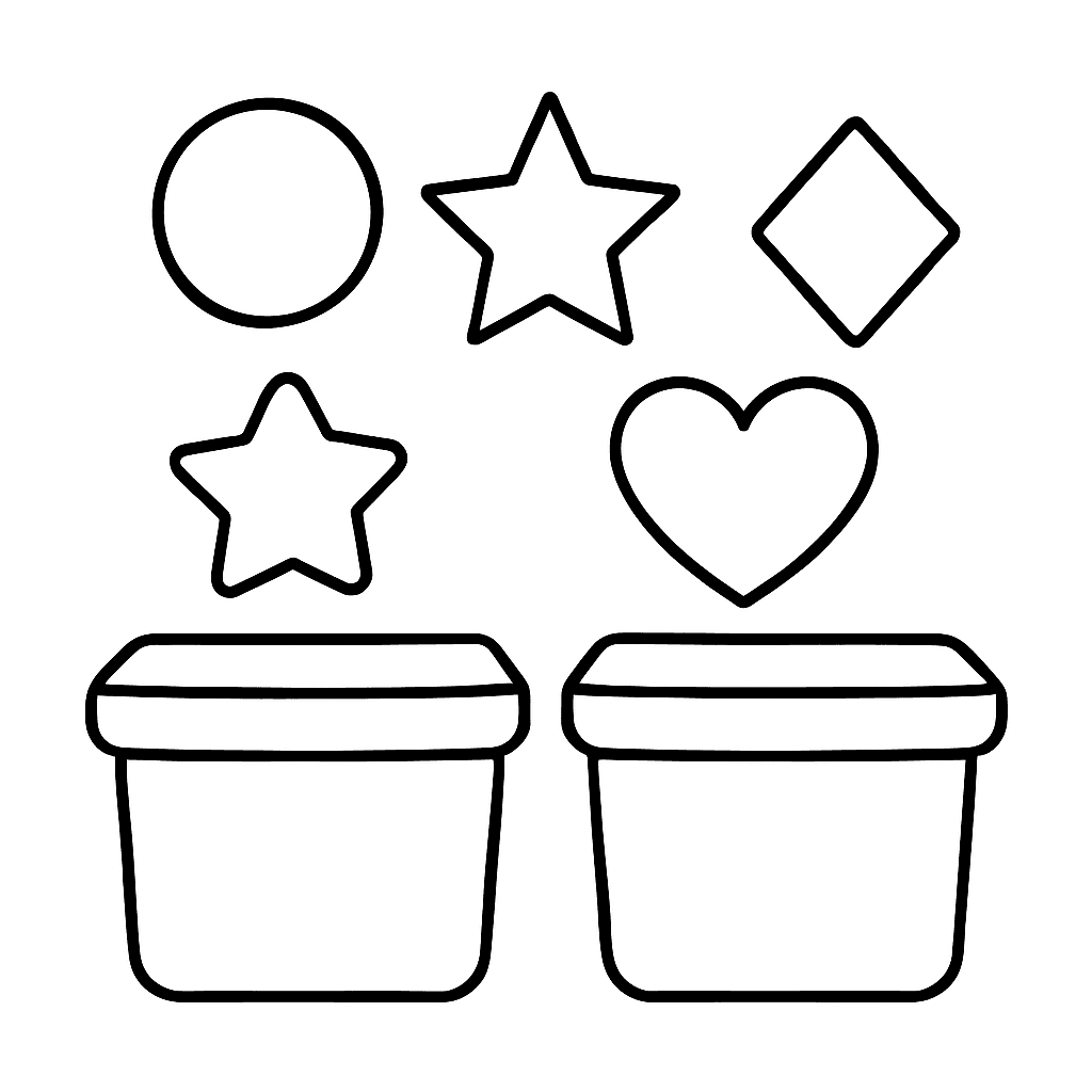 A Shape Sorting Activity With Circles, Stars, Hearts, And Diamonds Going Into Matching Containers