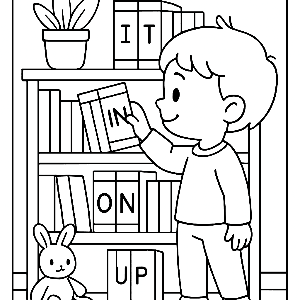 A Bookshelf Scene With A Child Choosing From Books Labeled With Sight Words: IS, IT, IN, ON, UP