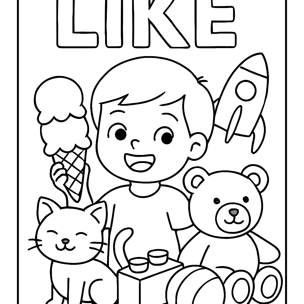 The Sight Word LIKE With A Child Surrounded By Their Favorite Things: Ice Cream, Toys, Pets