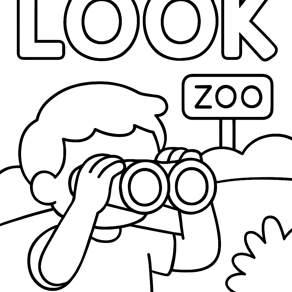 The Sight Word LOOK With A Child Using Binoculars At A Zoo