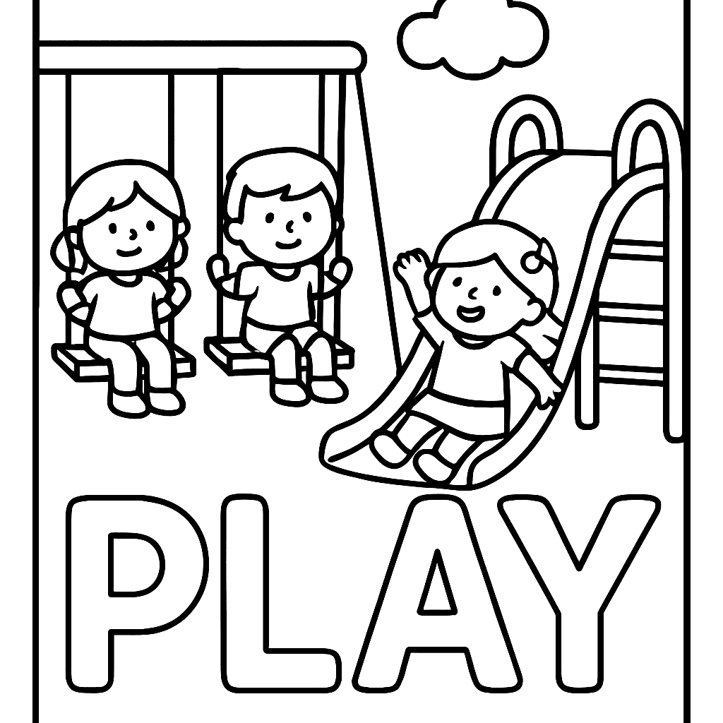 The Sight Word PLAY With Children On A Playground With Swings And Slide