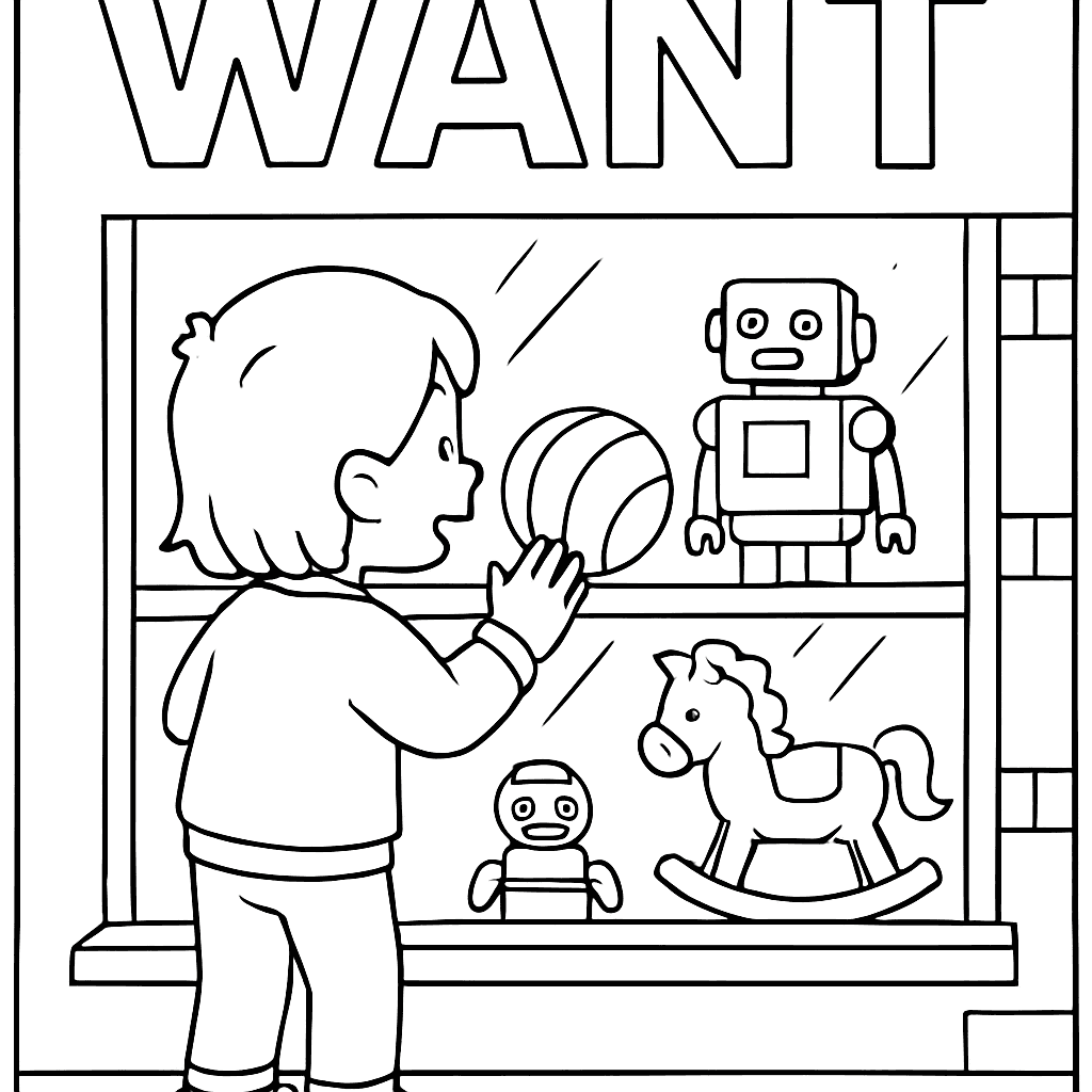 The Sight Word WANT With A Child Looking Into A Toy Store Window