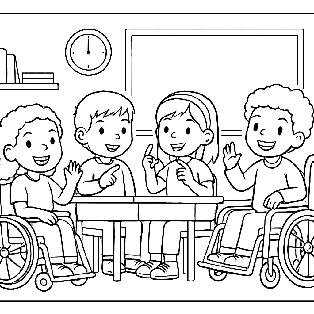 A Diverse Inclusive Classroom With Children In Wheelchair, With Hearing Aids, And Using Sign Language Together