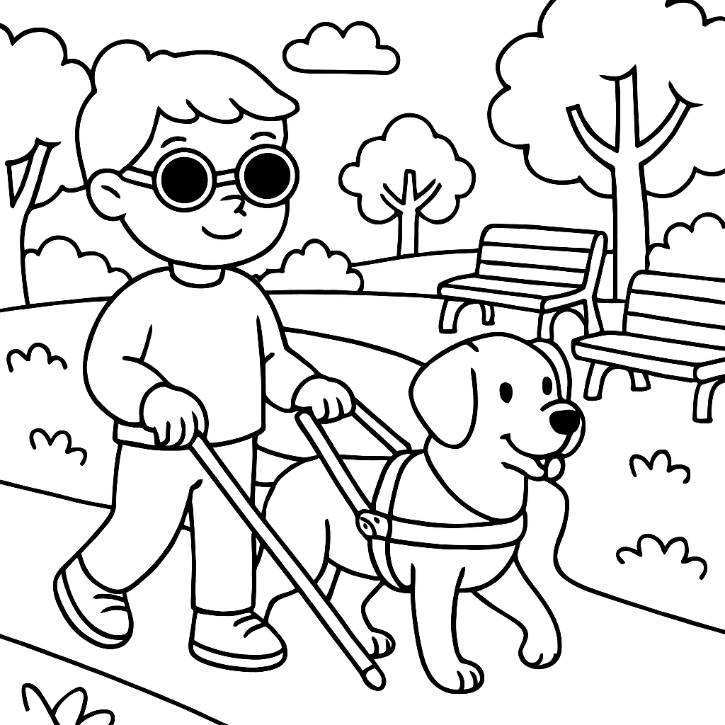 A Guide Dog Helping A Child Navigate A Park With A Walking Path And Benches