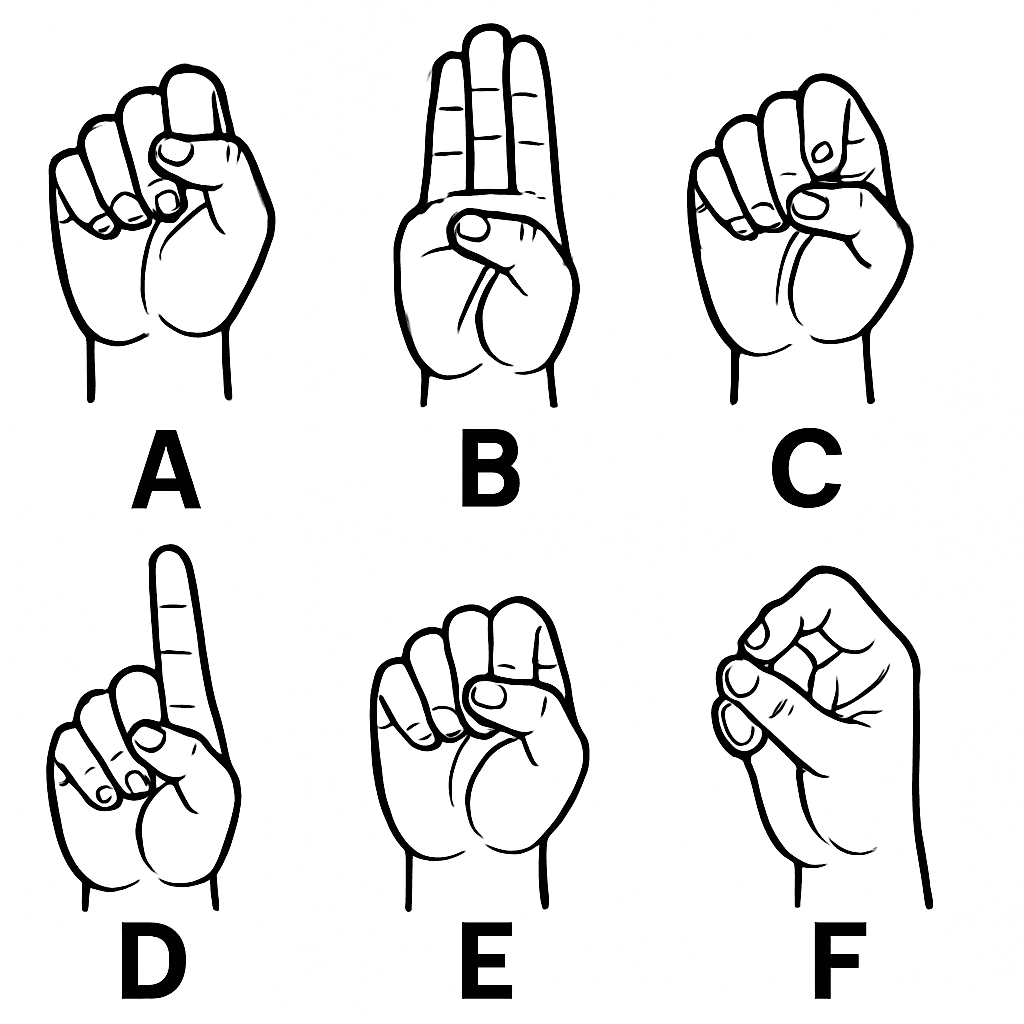 Hands Showing ASL Letters A Through F With Each Letter Labeled Below