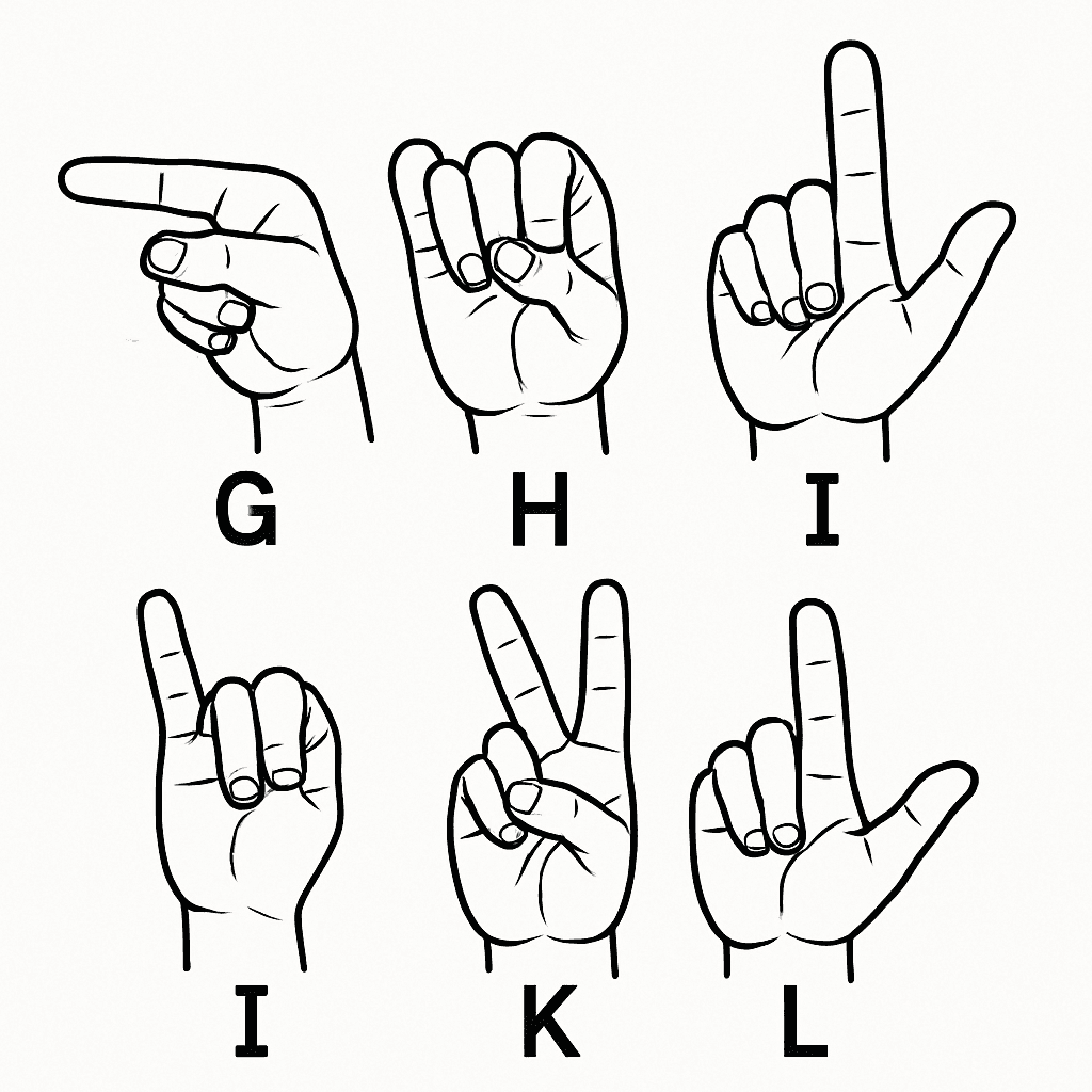 Hands Showing ASL Letters G Through L With Each Letter Labeled Below