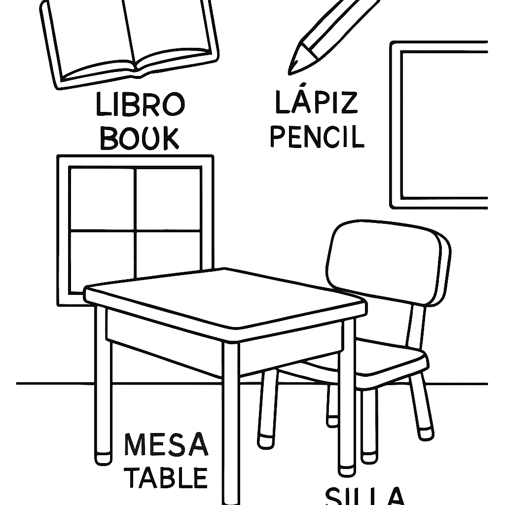 A Classroom Scene With Objects Labeled In Spanish And English: Libro Book, Lápiz Pencil, Mesa Table, Silla Chair