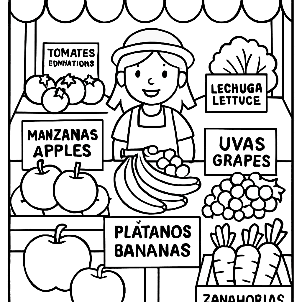 A Colorful Market Scene With Fruits And Vegetables Labeled In Spanish And English On Signs