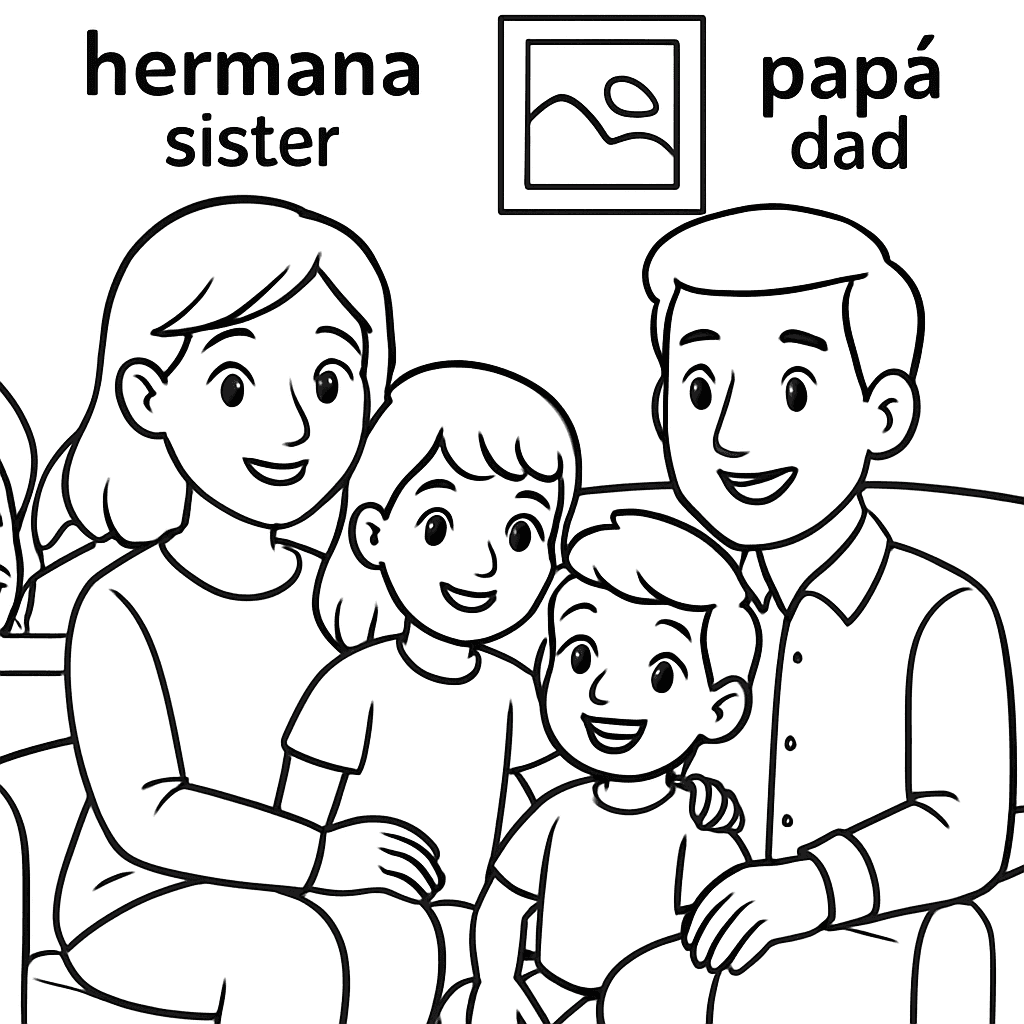 A Family Scene With Family Members Labeled In Spanish And English: Mamá Mom, Papá Dad, Hermana Sister, Hermano Brother