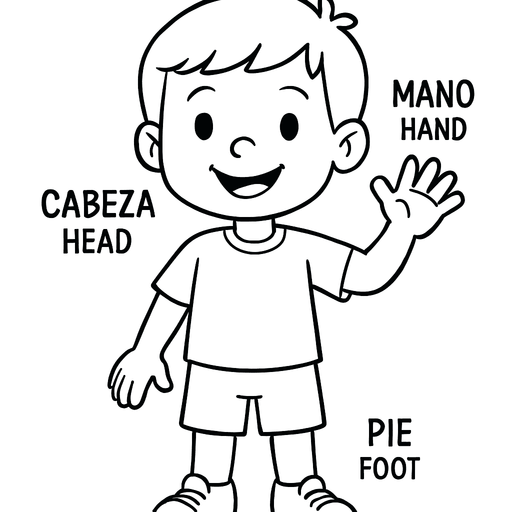 Body Parts Labeled In Spanish And English On A Friendly Cartoon Child: Cabeza Head, Mano Hand, Pie Foot