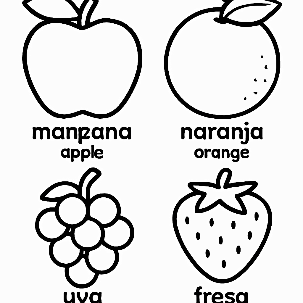 Fruits Labeled In Spanish And English: Manzana And Apple, Naranja And Orange, Uva And Grape, Fresa And Strawberry