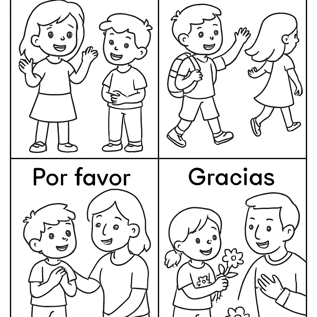 Greeting Phrases In Spanish With Illustrated Scenes: Hola Hello, Adiós Goodbye, Por Favor Please, Gracias Thank You