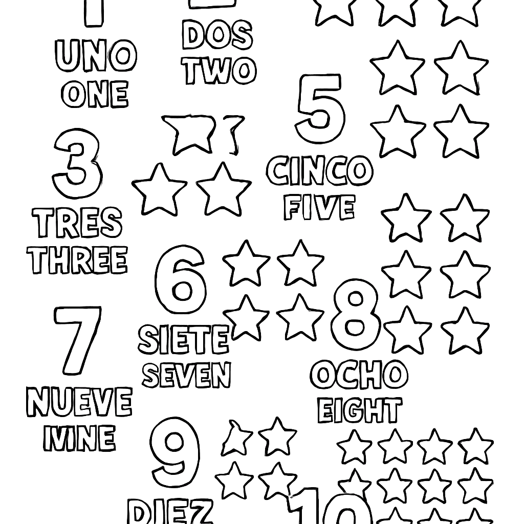 Numbers One Through Ten Written In Both Spanish And English With Matching Groups Of Stars