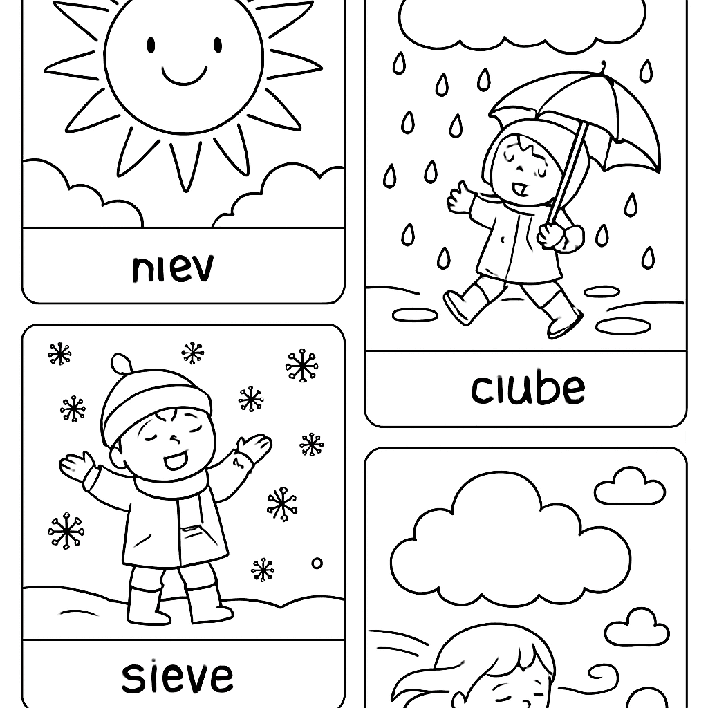 Weather Words In Spanish And English With Matching Scenes: Sol Sun, Lluvia Rain, Nieve Snow, Nube Cloud, Viento Wind