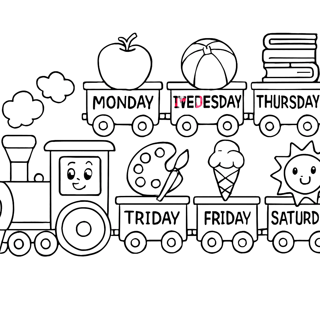 The Seven Days Of The Week Written On Train Cars With A Matching Activity For Each Day