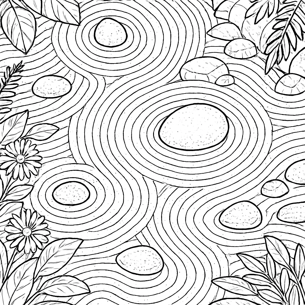 A Peaceful Zen Garden With Raked Sand And Stones