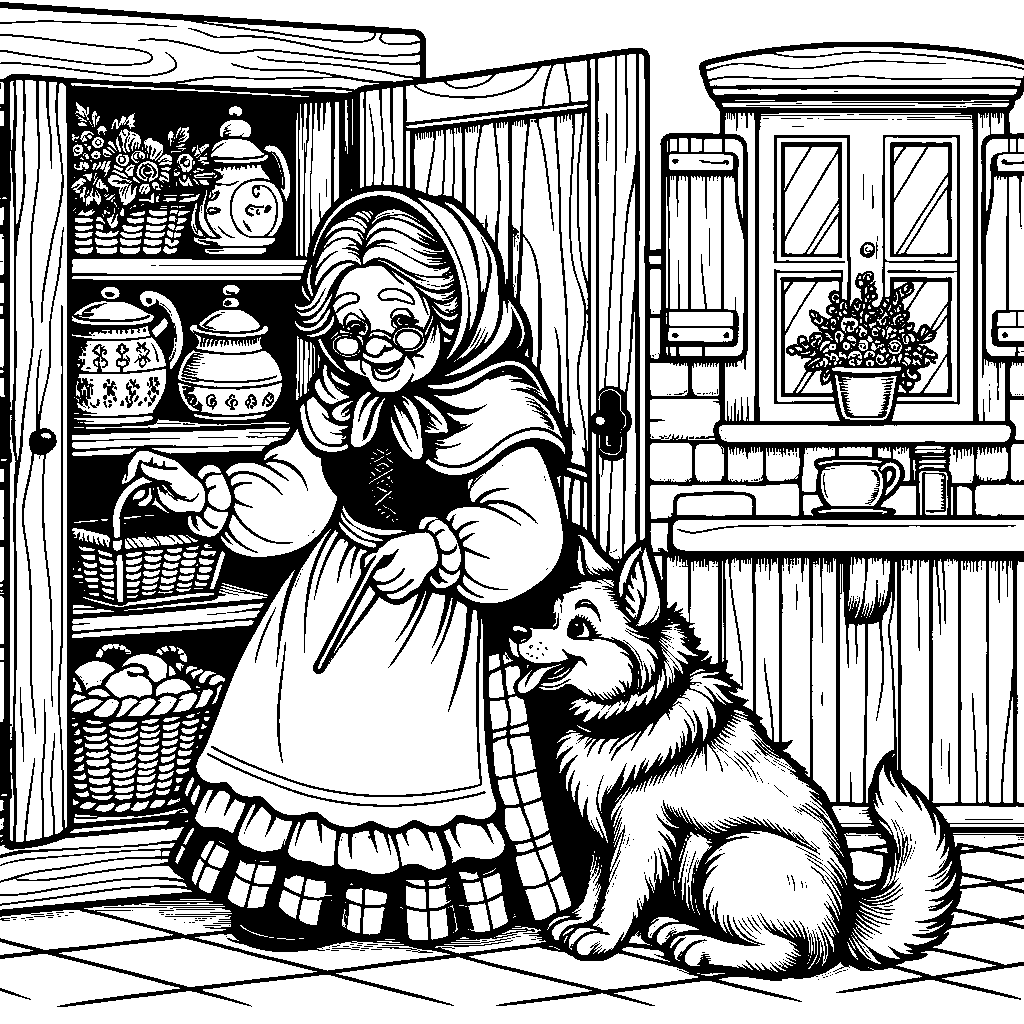 Old Mother Hubbard And Her Dog At The Cupboard